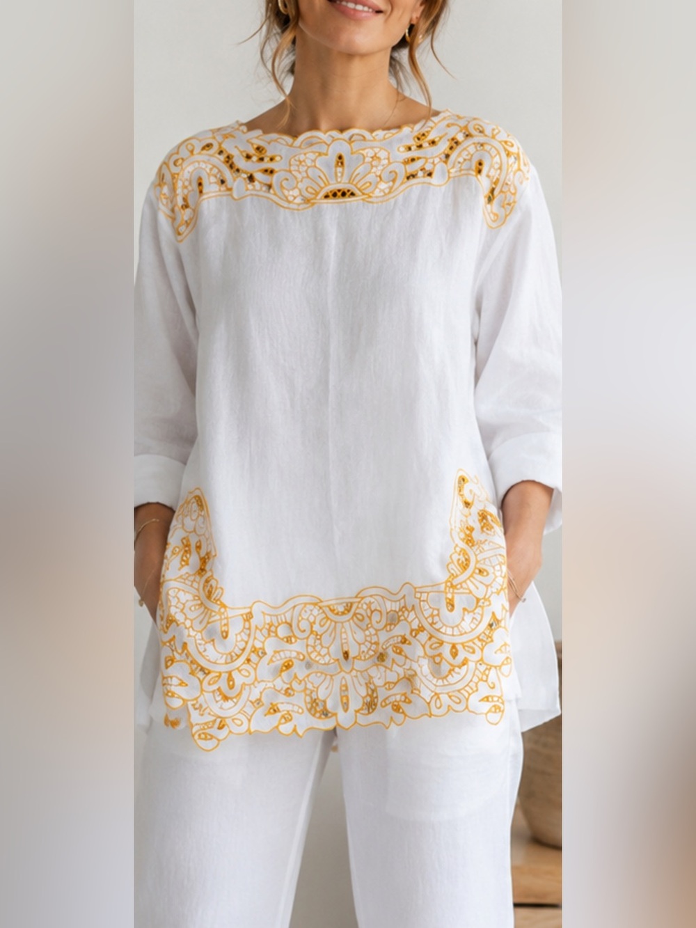 J.Crew NWT XS 100% Linen Embroidered White Orange Tunic Blouse $148